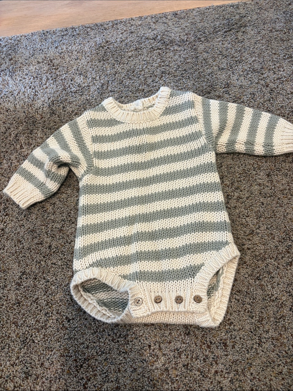 Quincy Mae Cream and Sage Striped Knit Baby One-Piece
